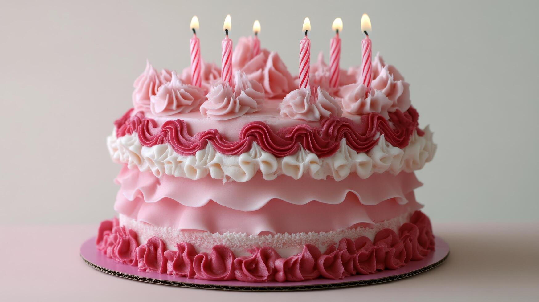 Festive pink cake decorated with candles ready for a celebration at a party photo