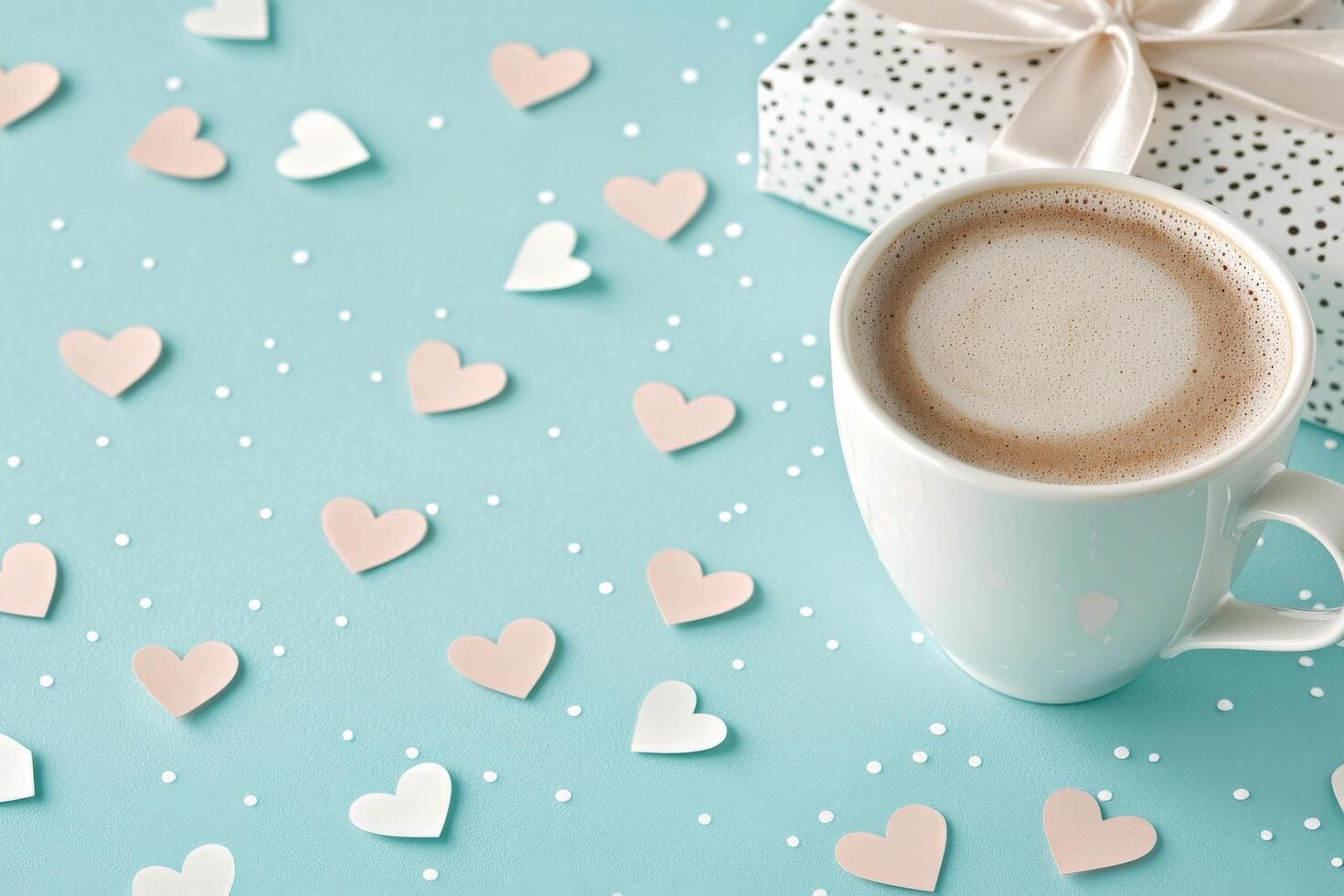 A cup of coffee with a heart design in the foam sits on a small plate photo