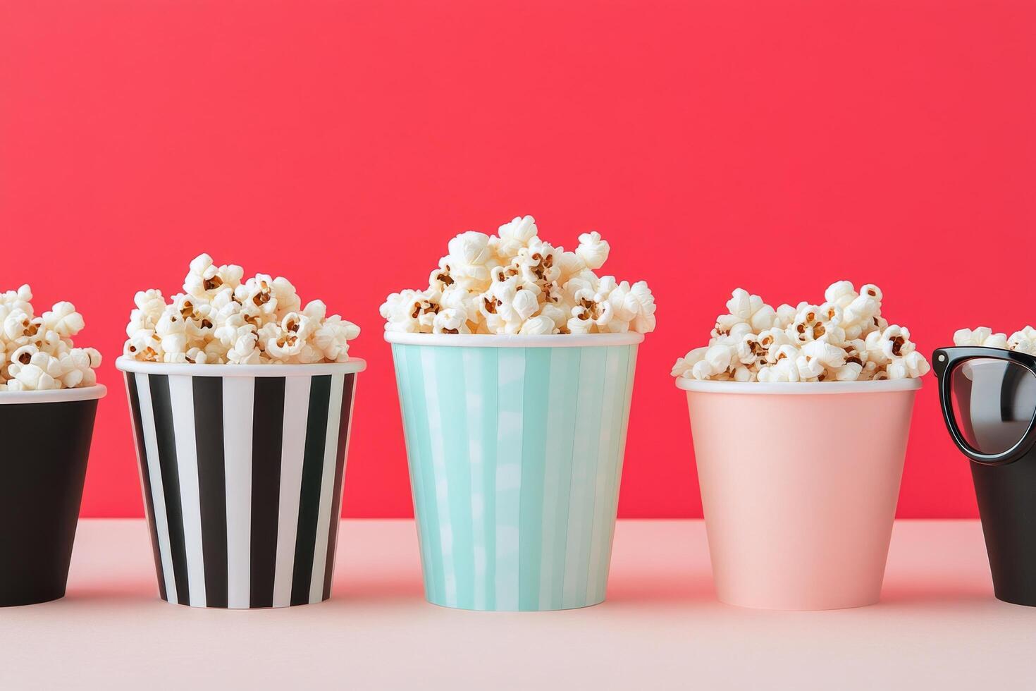 Popcorn and coffee cups with sunglasses create a fun movie snack arrangement photo