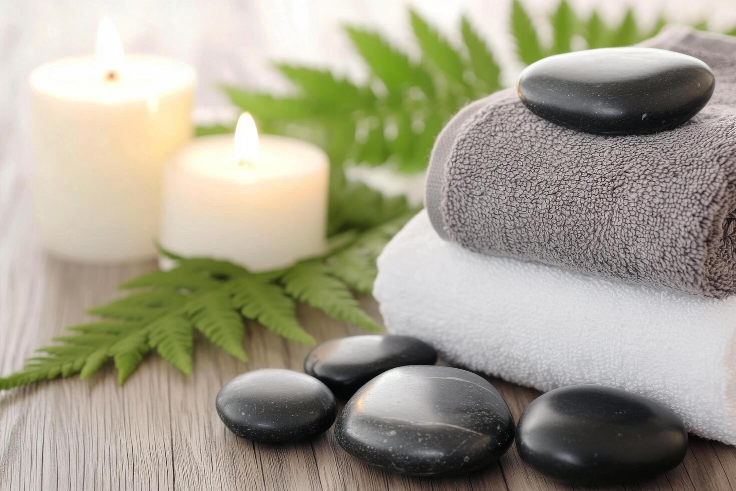 Relaxing spa setup with towels, stones, candles, and greenery for a calming atmosphere photo