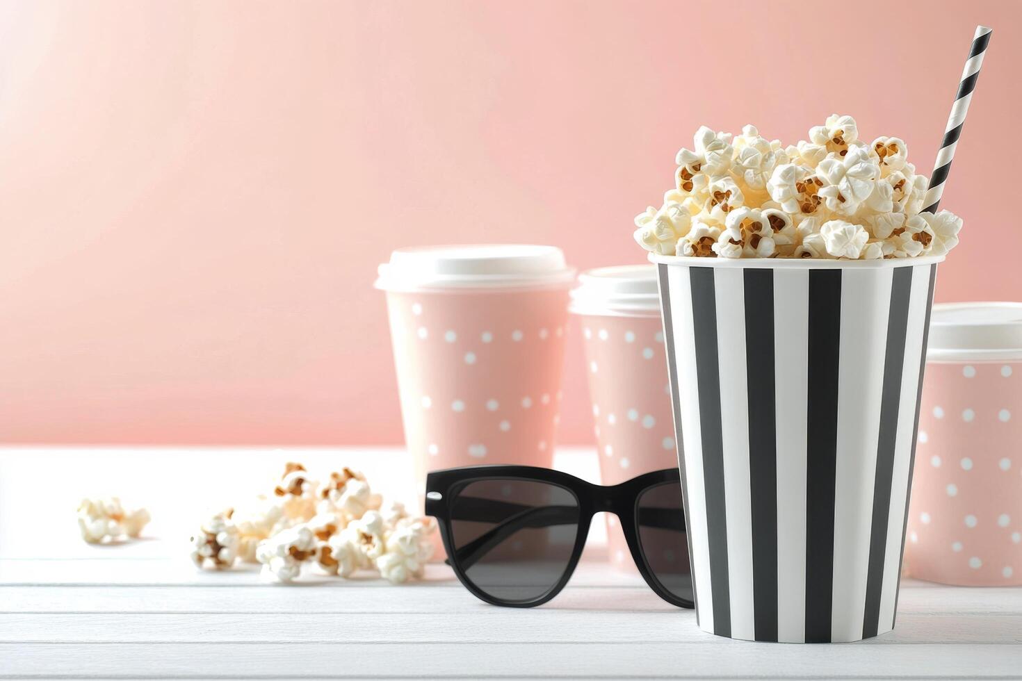 Popcorn and coffee cups with sunglasses create a fun movie snack arrangement photo