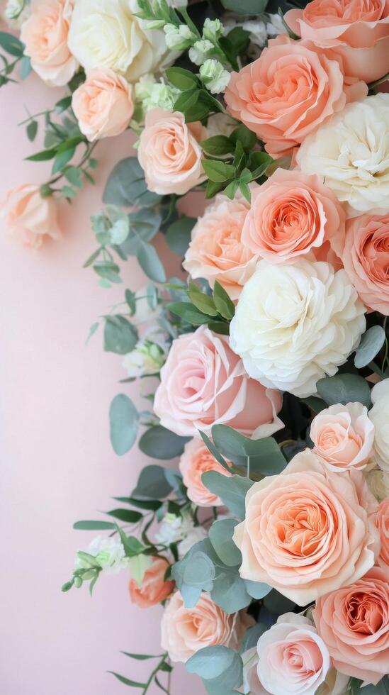 Beautiful floral arrangement with pastel roses and greenery on soft pink background photo
