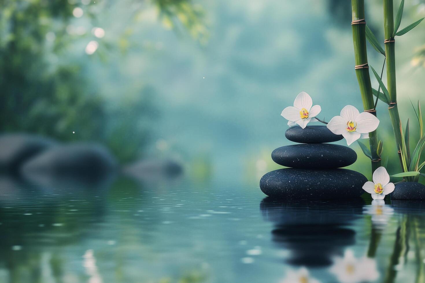 Tranquil spa setting with stacked stones and white orchids near serene water surface photo