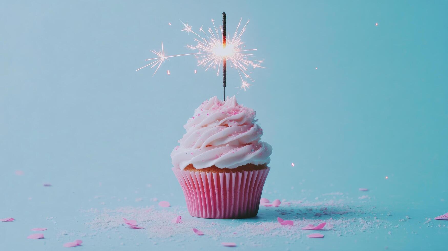 Sparkling cupcake with pink frosting on a blue background for celebration purposes photo