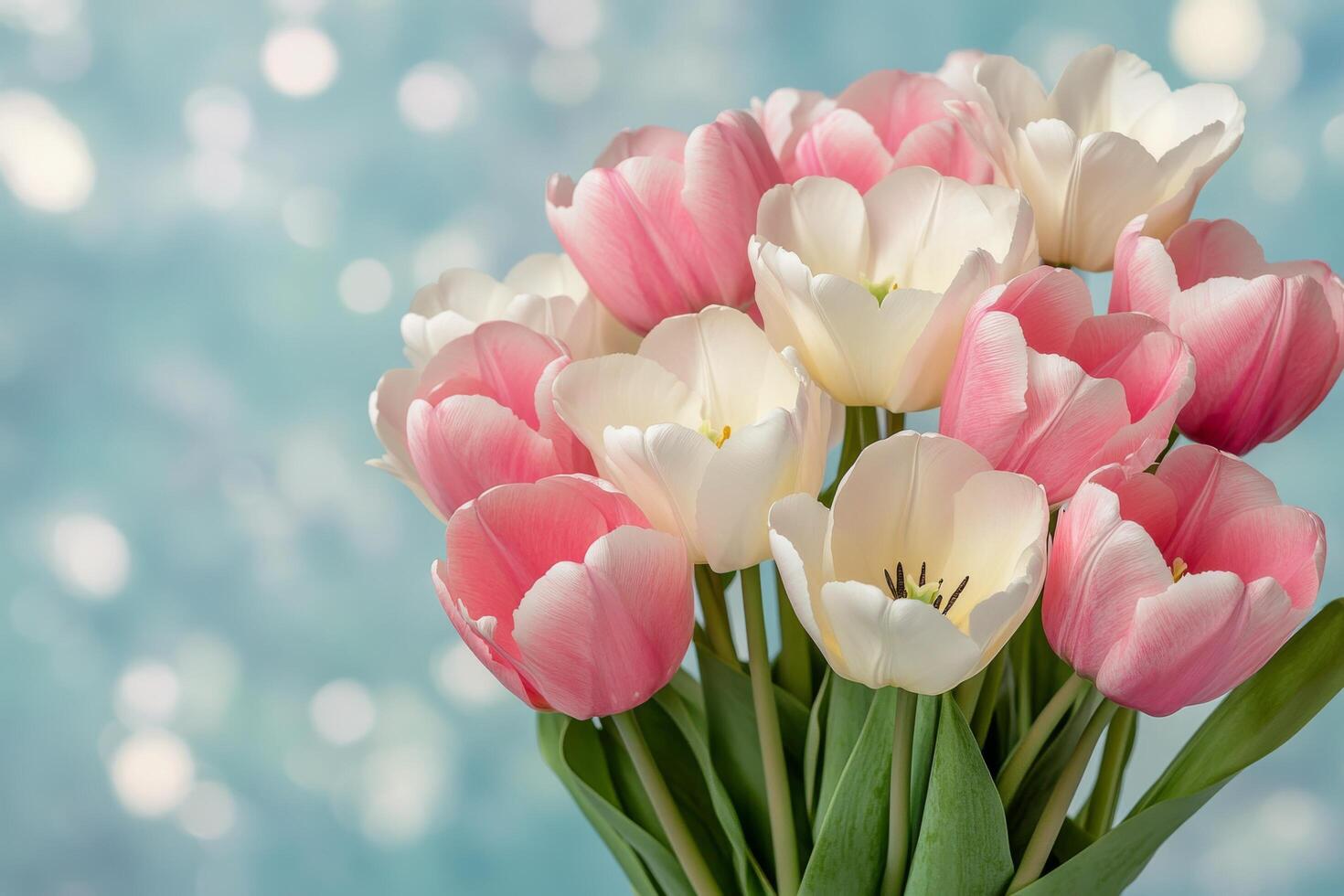 Colorful tulips arranged in a bouquet with pink and white petals against a soft blue background photo