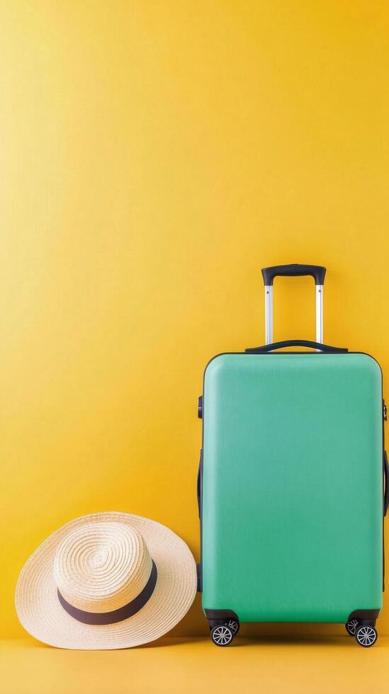 A turquoise suitcase stands beside a wide brimmed straw hat against a vibrant yellow wall photo