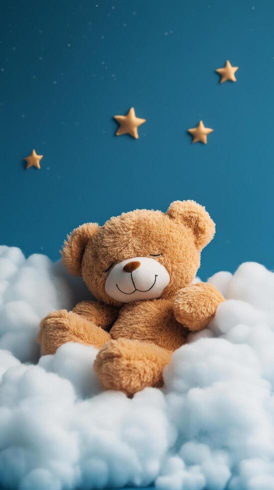 Soft bear sitting on fluffy clouds under a starry night sky photo