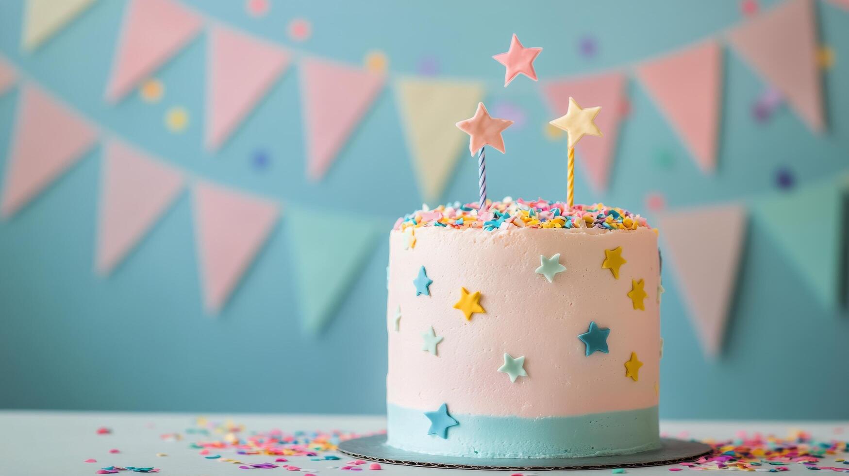 Colorful birthday cake with stars at a festive celebration backdrop photo