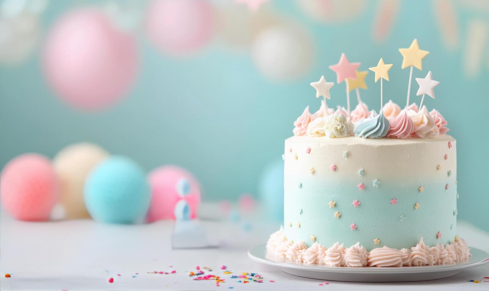 Elegant pastel birthday cake with decorations showcasing festive celebration details photo