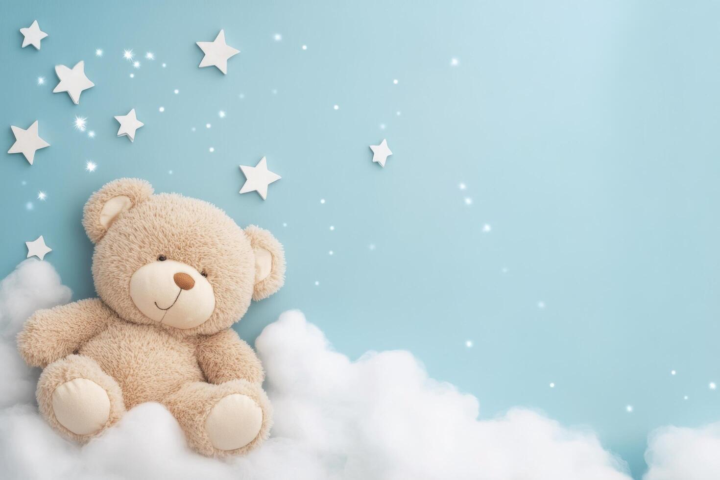 Cute bear sitting on soft clouds with starry background during calm night photo