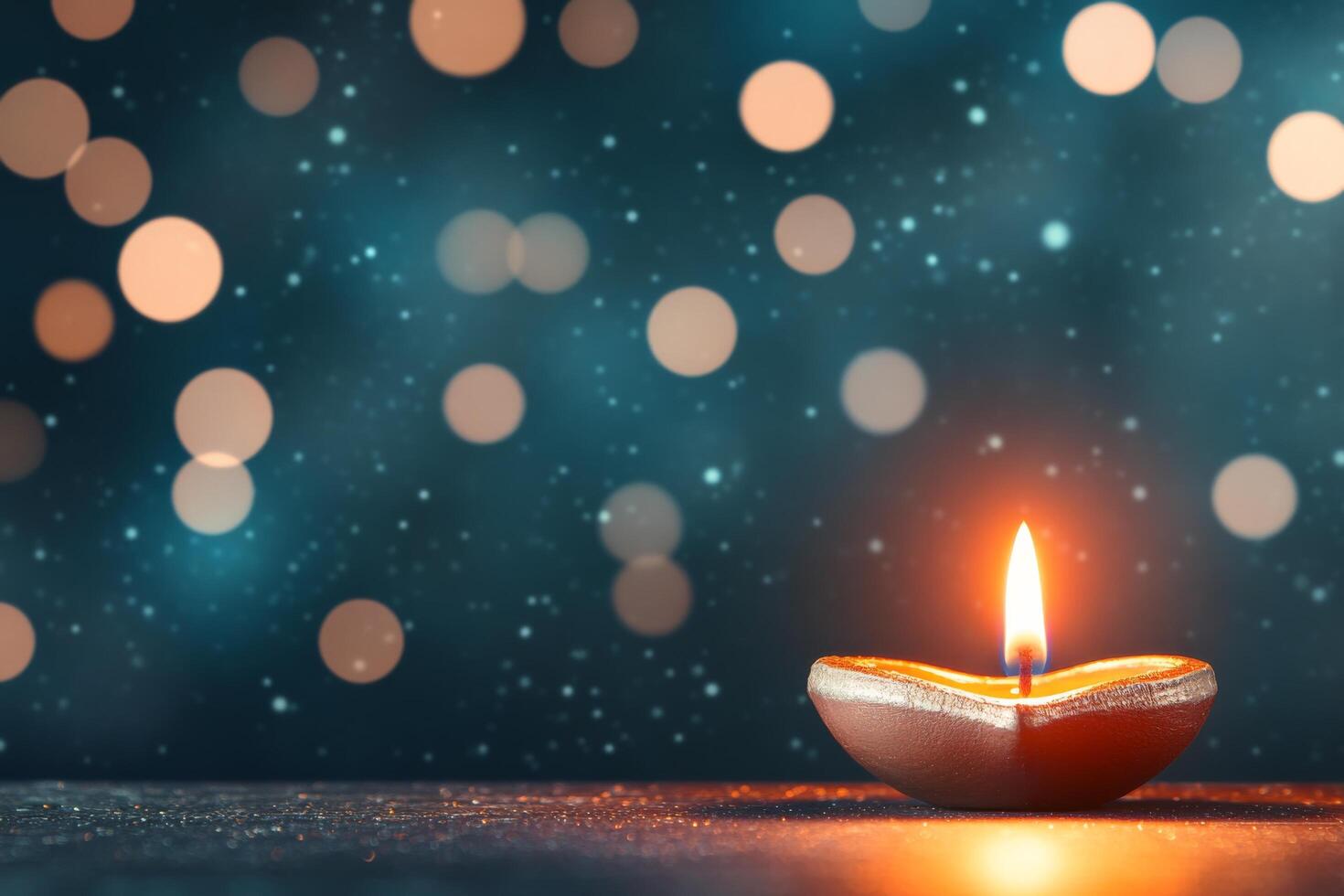 Candlelight glowing softly in darkness creating a serene atmosphere with shimmering bokeh lights photo