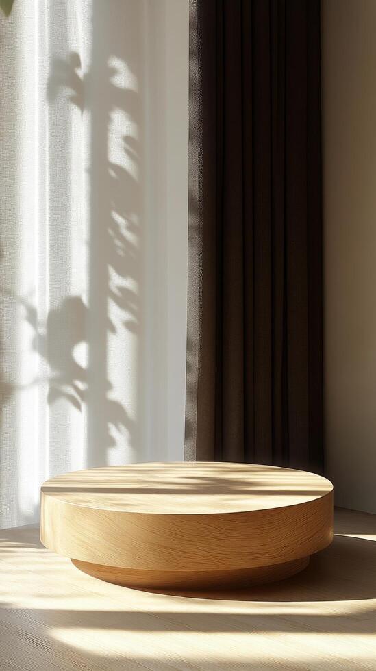 Natural light creates beautiful shadows on a wooden surface in a modern interior setting photo