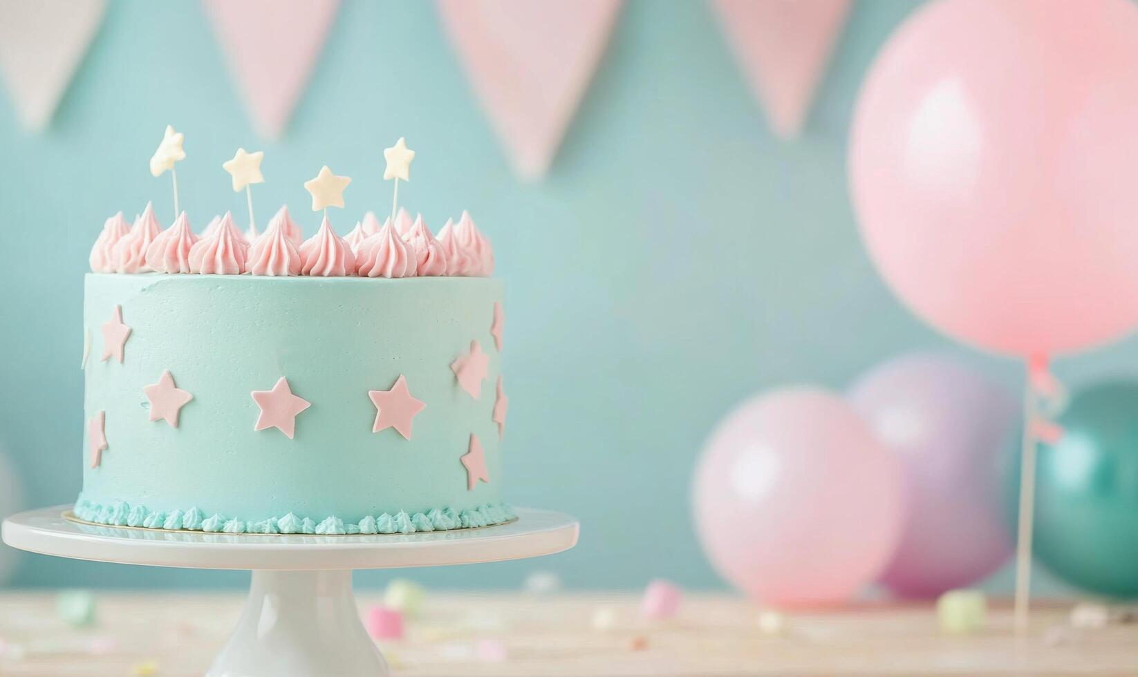 Elegant pastel birthday cake with decorations showcasing festive celebration details photo