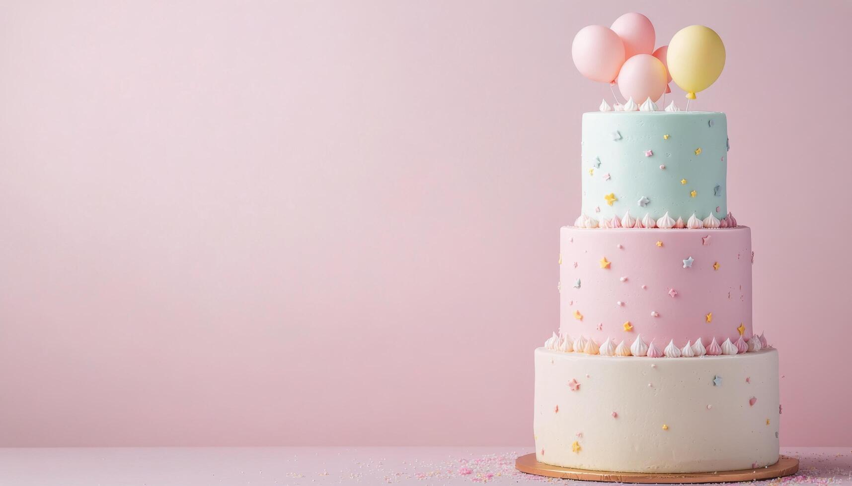 Elegant three tier cake decorated with pastel balloons for a celebration photo