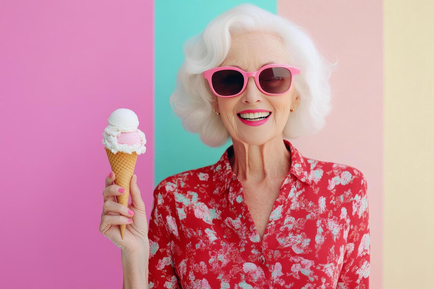 Joyful elderly woman enjoying ice cream against a pink background photo