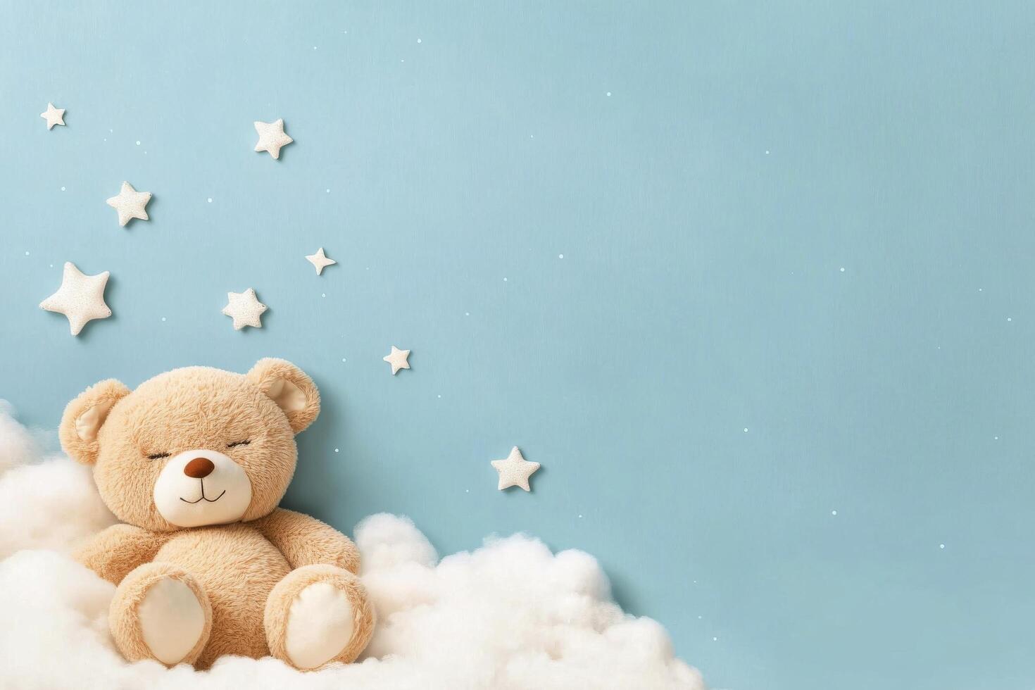 Cute bear sitting on soft clouds with starry background during calm night photo