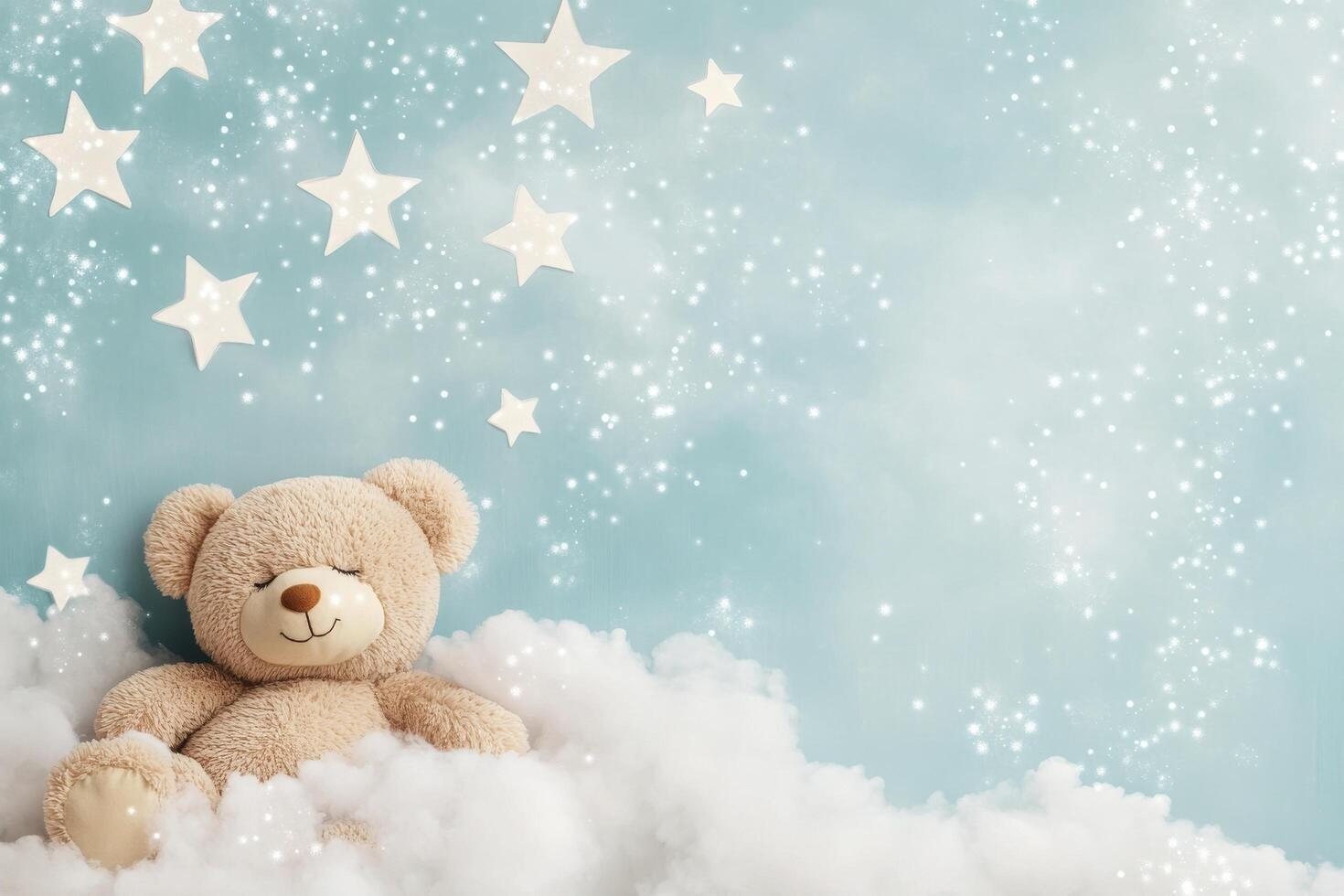 Cute bear sitting on soft clouds with starry background during calm night photo