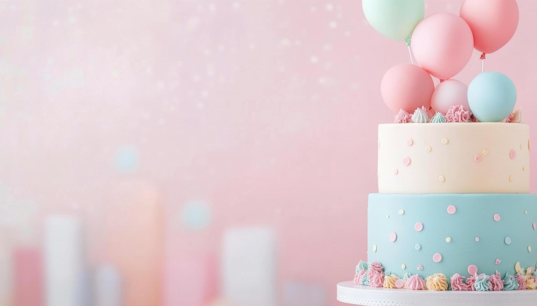 Elegant three tier cake decorated with pastel balloons for a celebration photo