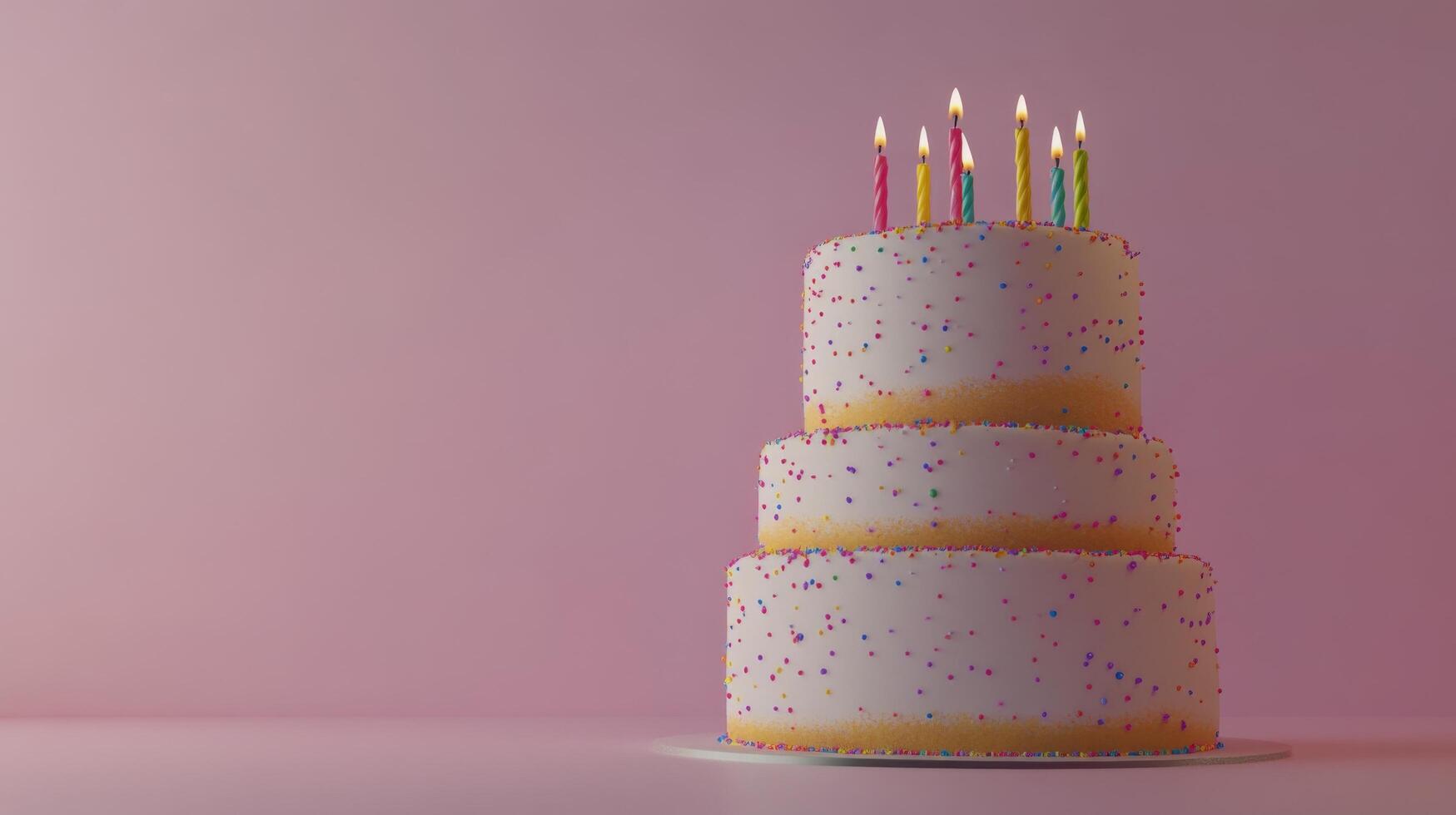 Colorful birthday cake with candles surrounded by sprinkles on a pink background photo