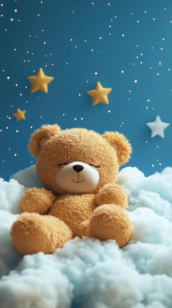 Soft bear sitting on fluffy clouds under a starry night sky photo