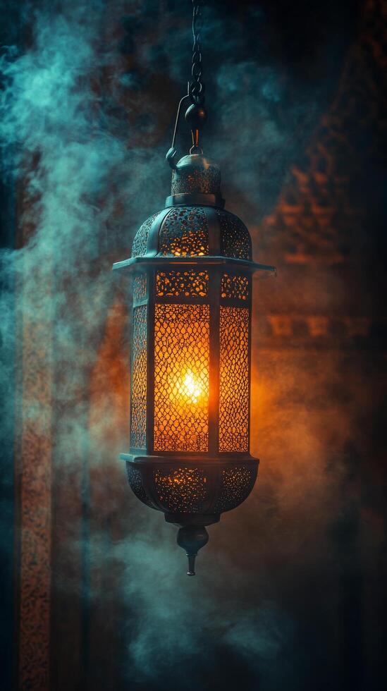 Decorative lantern illuminates a room with swirling smoke at dusk photo
