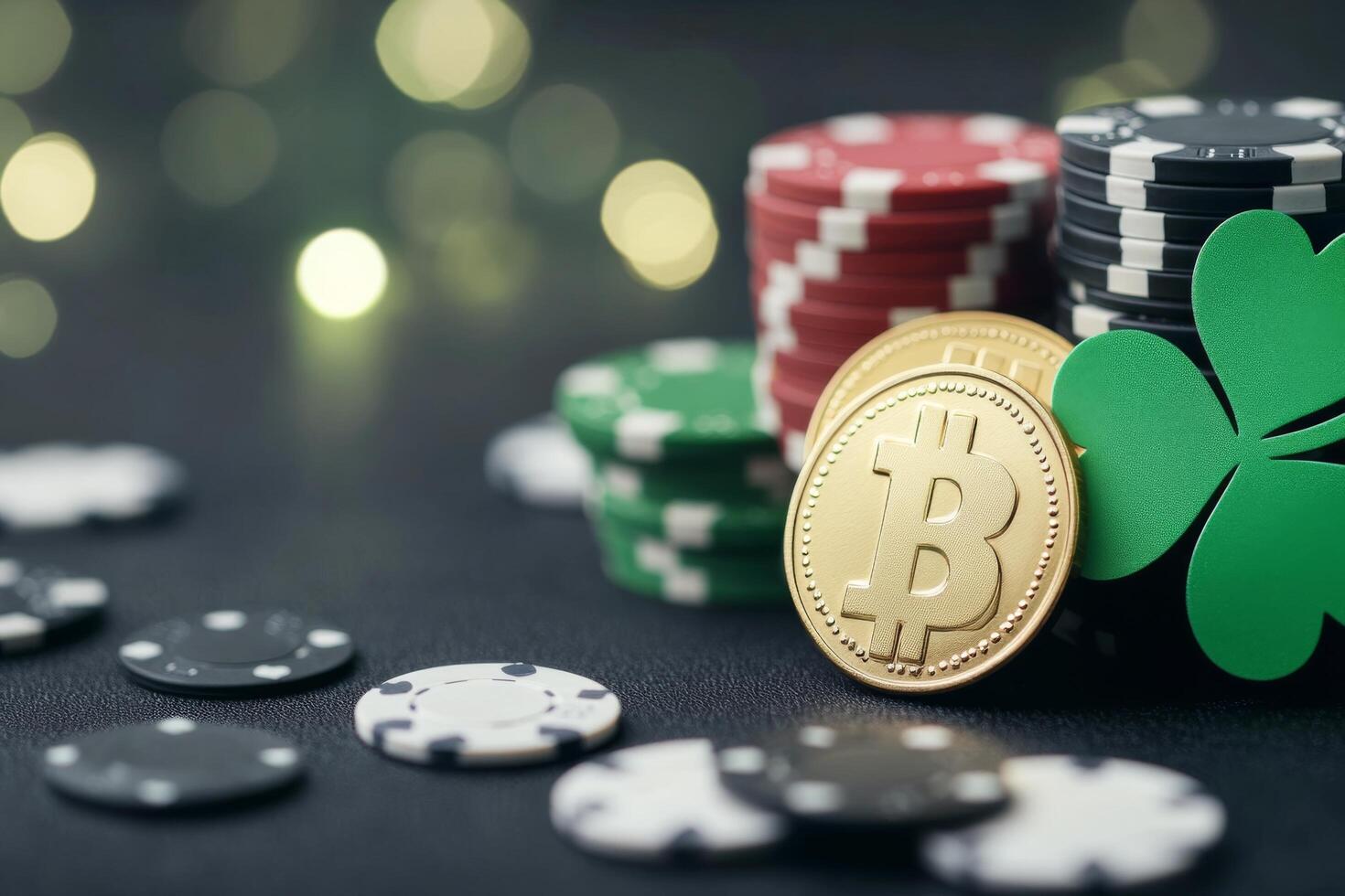 Betting with bitcoin and poker chips in a lively casino atmosphere photo
