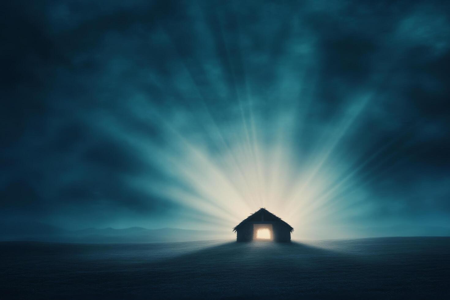 Stars illuminate a quiet hut under a vast night sky in a tranquil landscape photo