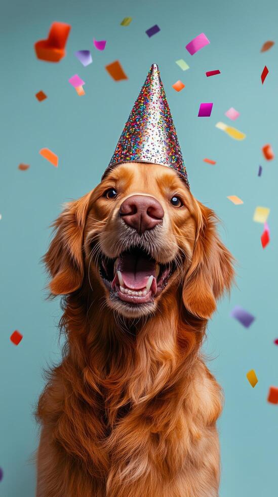 Golden retriever with a party hat celebrating with colorful confetti in the background photo
