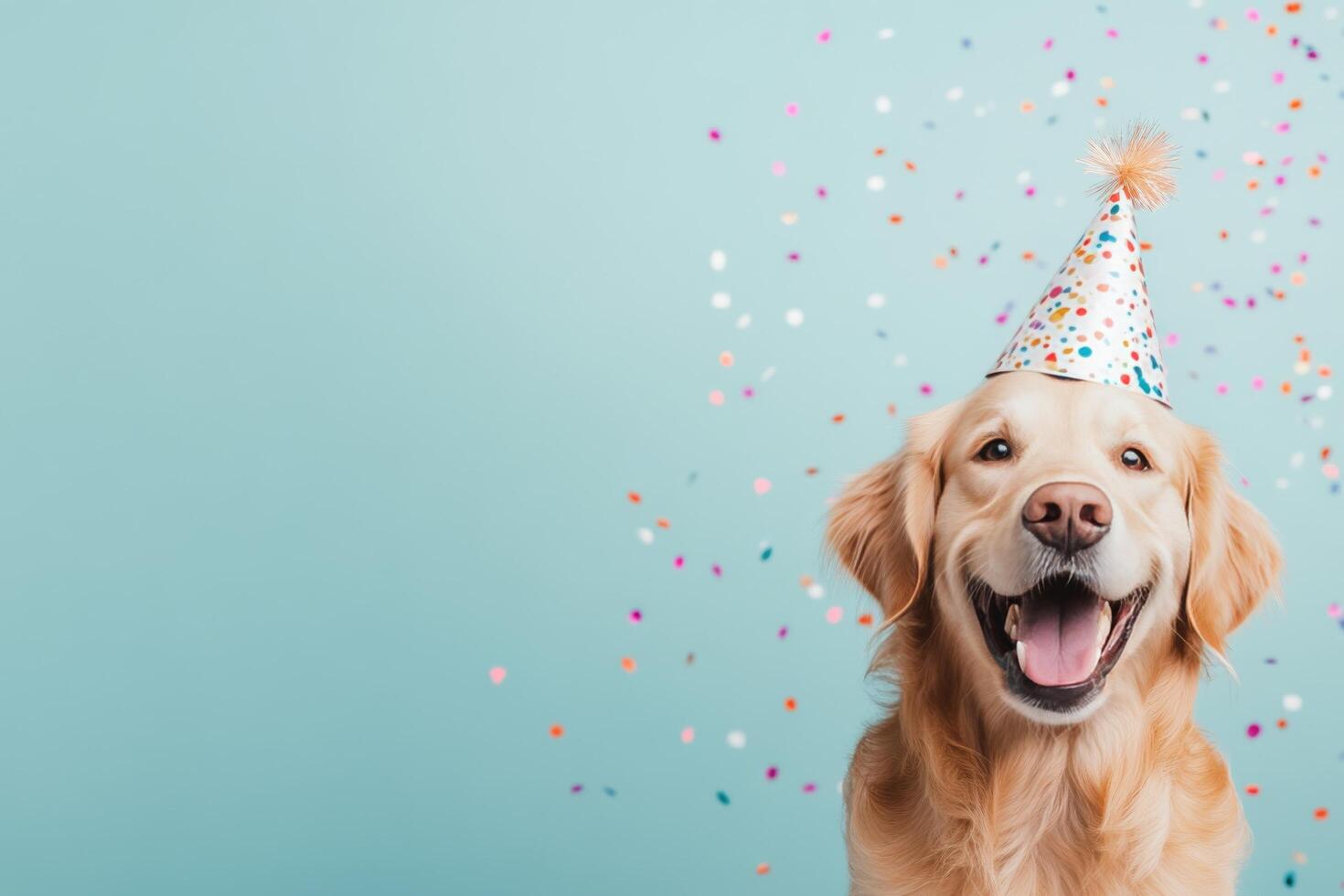 Happy dog in colorful party hat celebrating with confetti in a cheerful setting photo