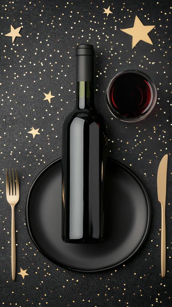 Elegant holiday dinner setting with wine and festive decorations on a dark table photo