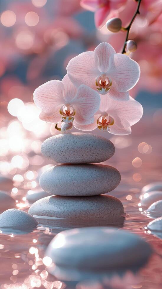 Balanced stones with pink orchids on reflective surface in tranquil setting by water photo