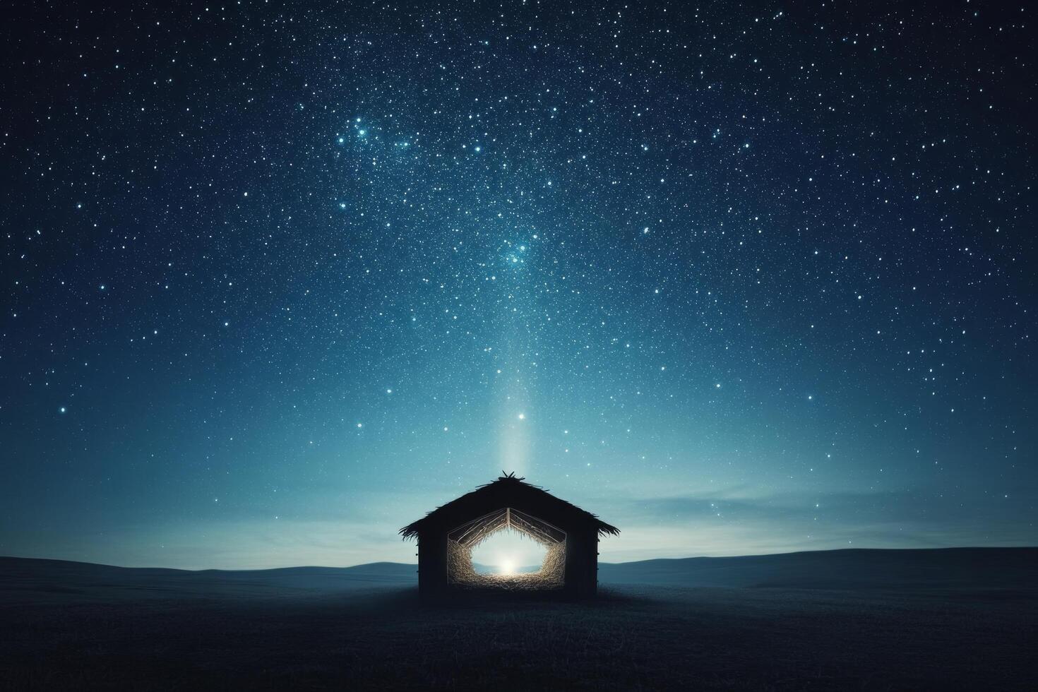 Stars illuminate a quiet hut under a vast night sky in a tranquil landscape photo