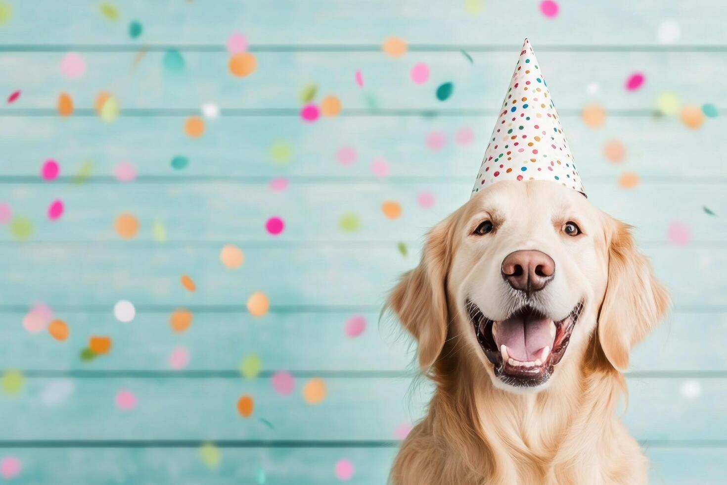Happy dog in colorful party hat celebrating with confetti in a cheerful setting photo