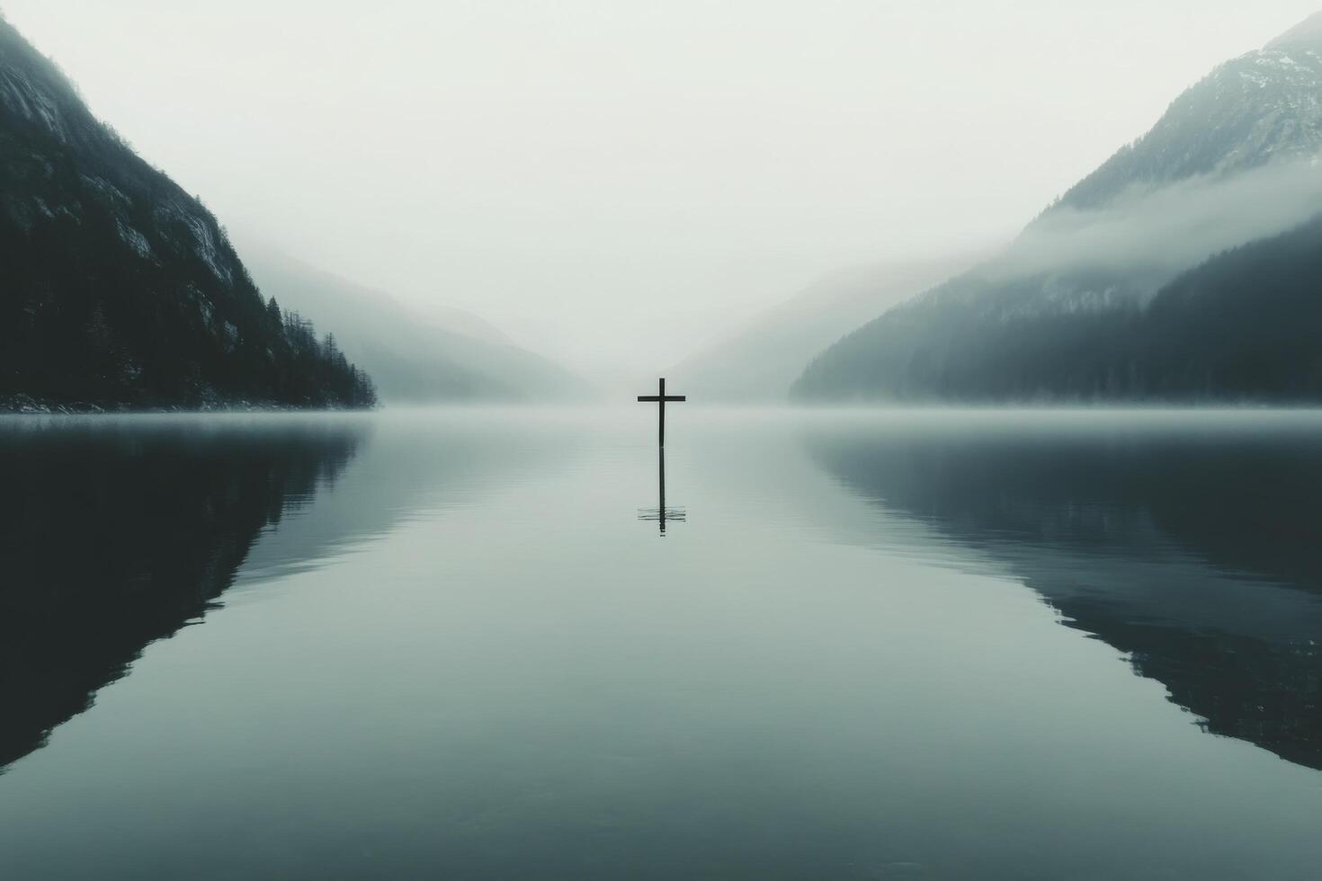 Reflections on calm waters with a cross in the distance at dawn photo