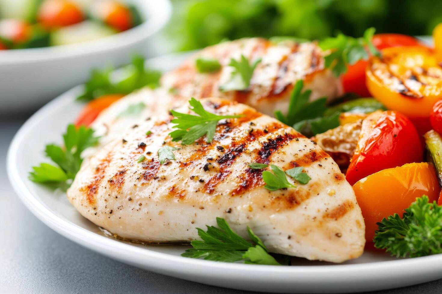 Grilled chicken breast served with colorful roasted vegetables on a white plate photo