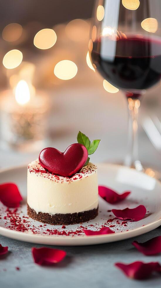 Romantic dessert with heart shaped cake and wine on a table decorated with rose petals photo