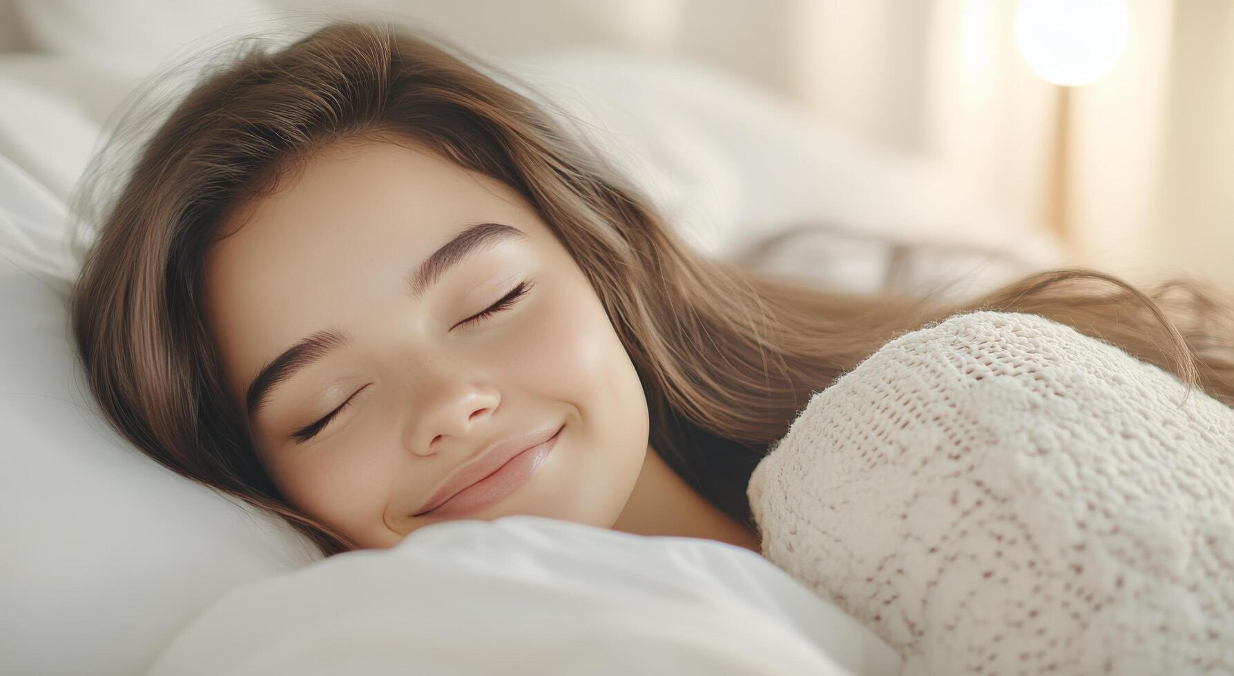 Young girl peacefully sleeping in a cozy bedroom during early morning hours photo