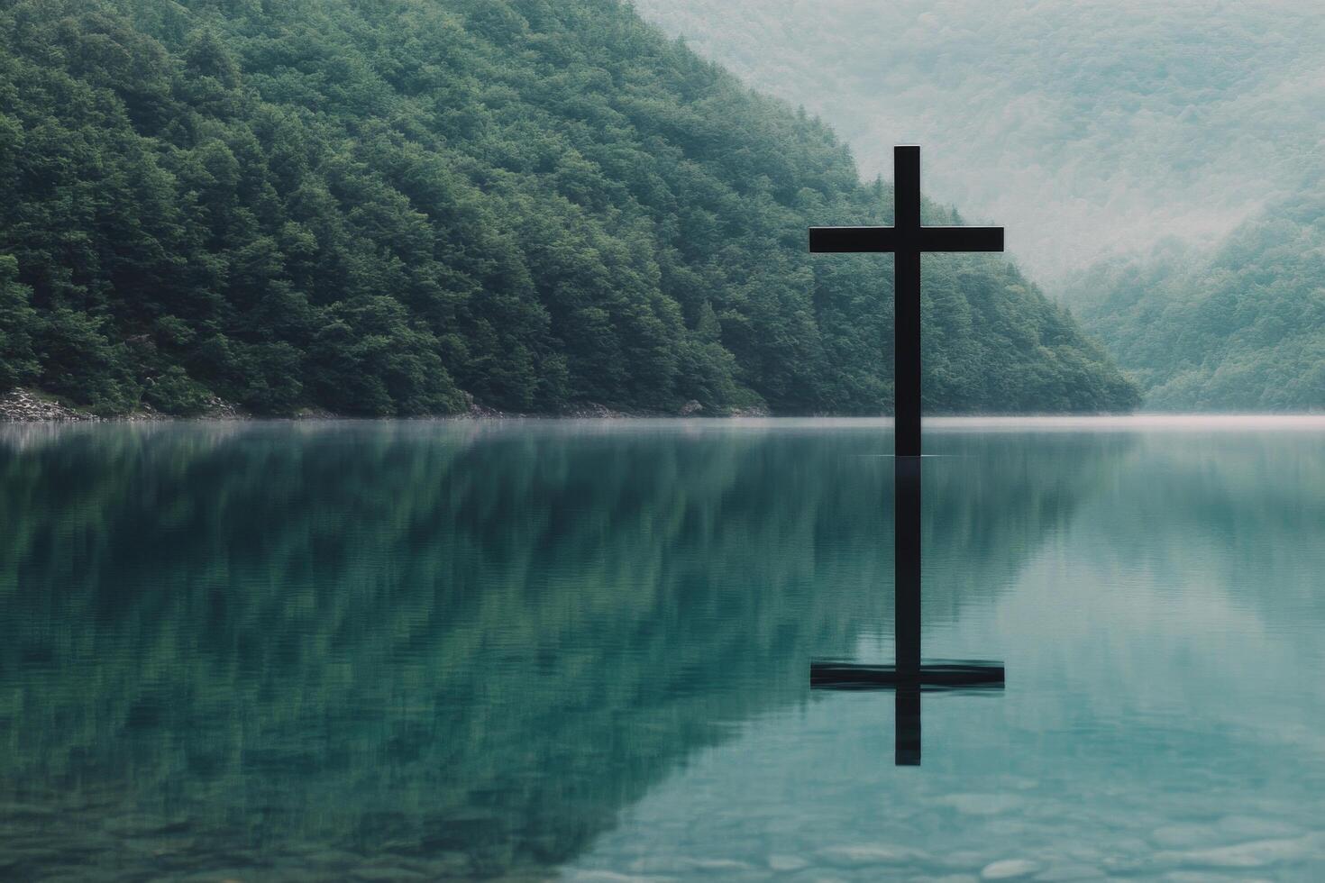 Reflection of a cross in calm water surrounded by mountains during early morning mist photo