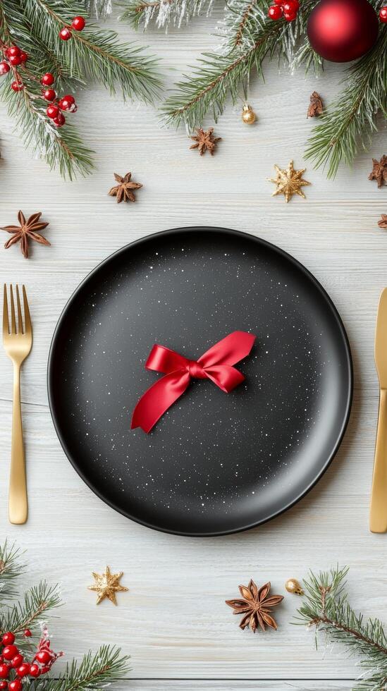 Holiday table setting with festive decorations and elegant dinnerware arranged for a celebration photo
