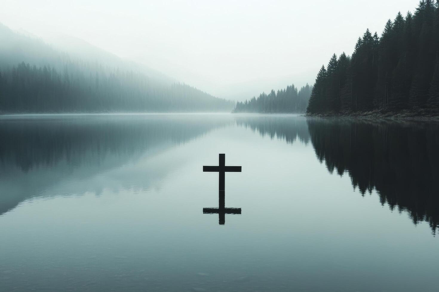 Reflection of a cross in calm water surrounded by mountains during early morning mist photo