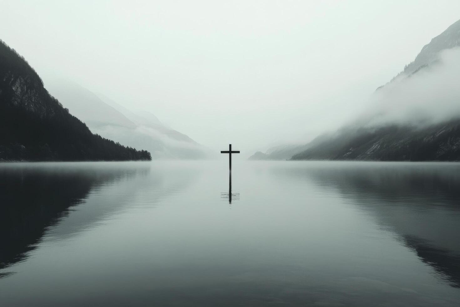 Reflections on calm waters with a cross in the distance at dawn photo