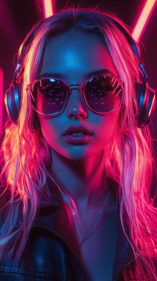 DJ wearing sunglasses with vibrant lights in a club setting during a nightlife event photo