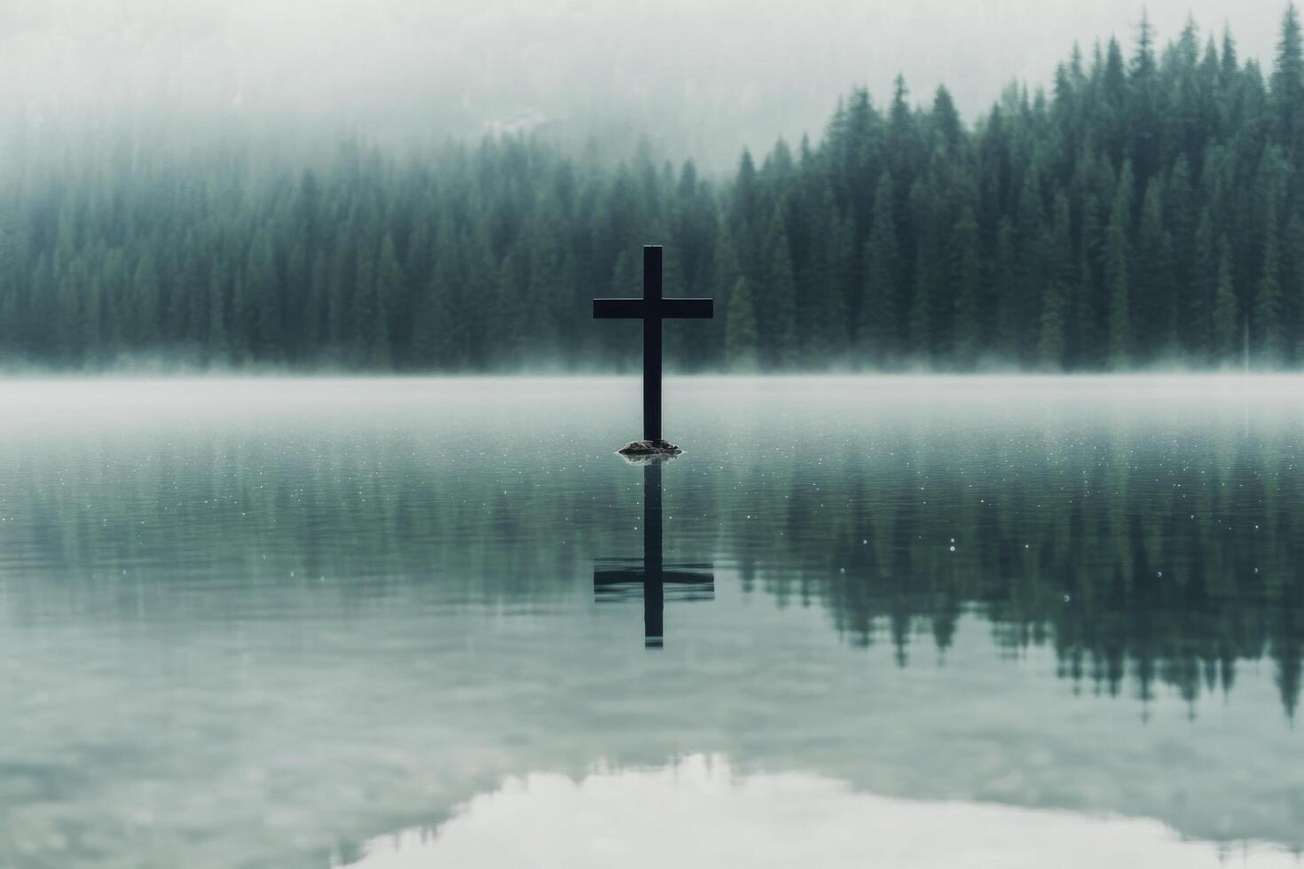 Reflection of a cross in calm water surrounded by mountains during early morning mist photo