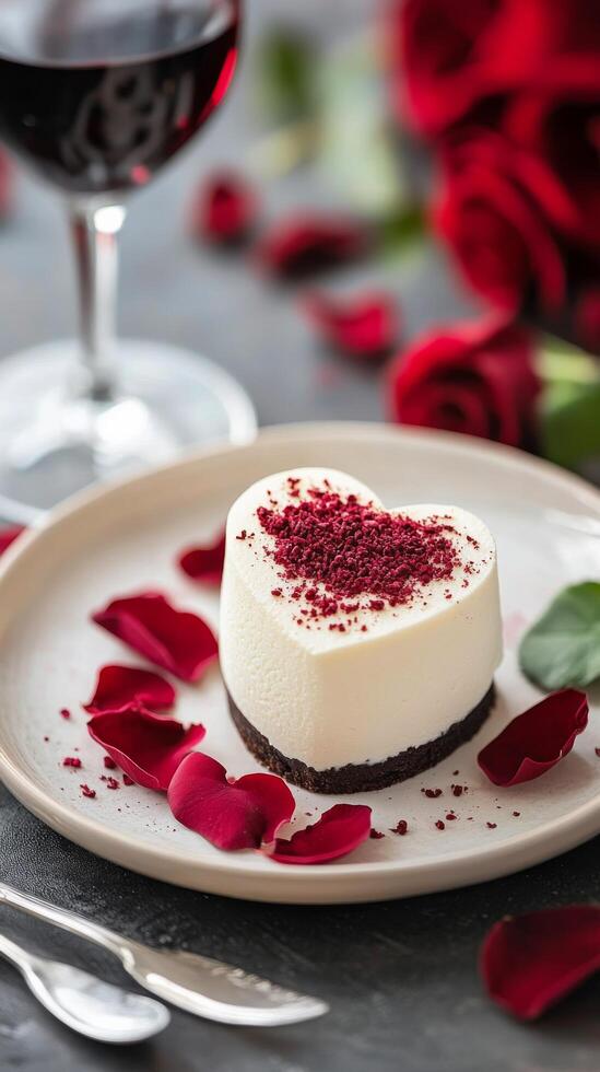 Romantic dessert with heart shaped cake and wine on a table decorated with rose petals photo