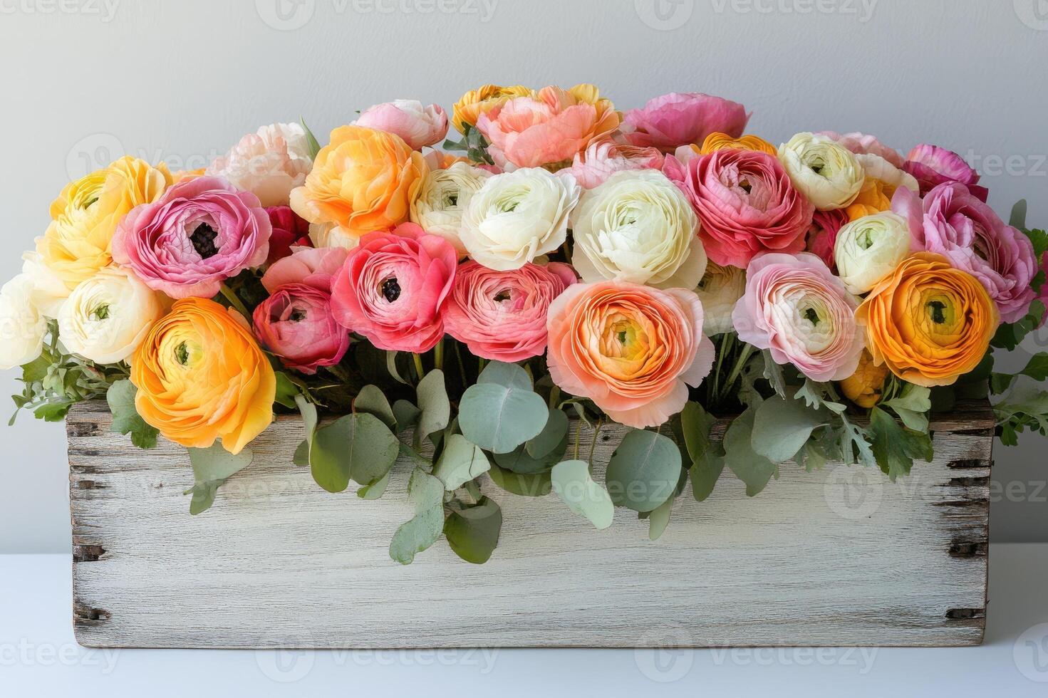 Colorful ranunculus flowers overflowing rustic wooden box photo