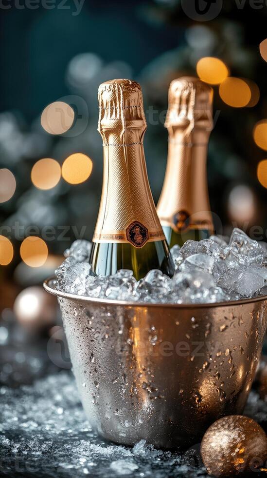Two champagne bottles chilling in ice bucket for new year's eve party photo