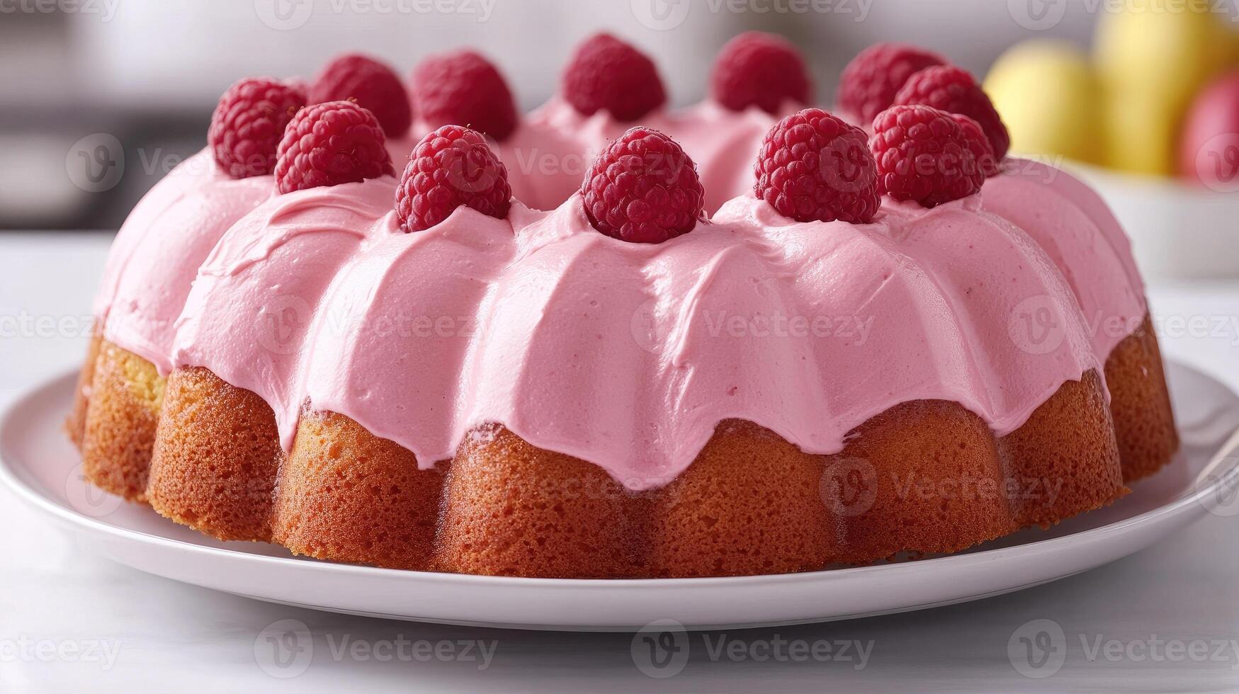 Delicious raspberry bundt cake with pink frosting and fresh raspberries photo