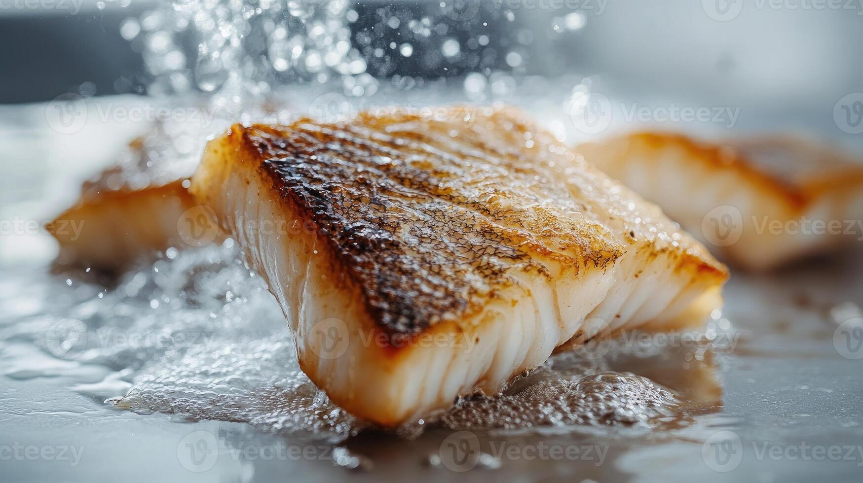 Chef pouring water on cooking fish fillet in professional kitchen photo
