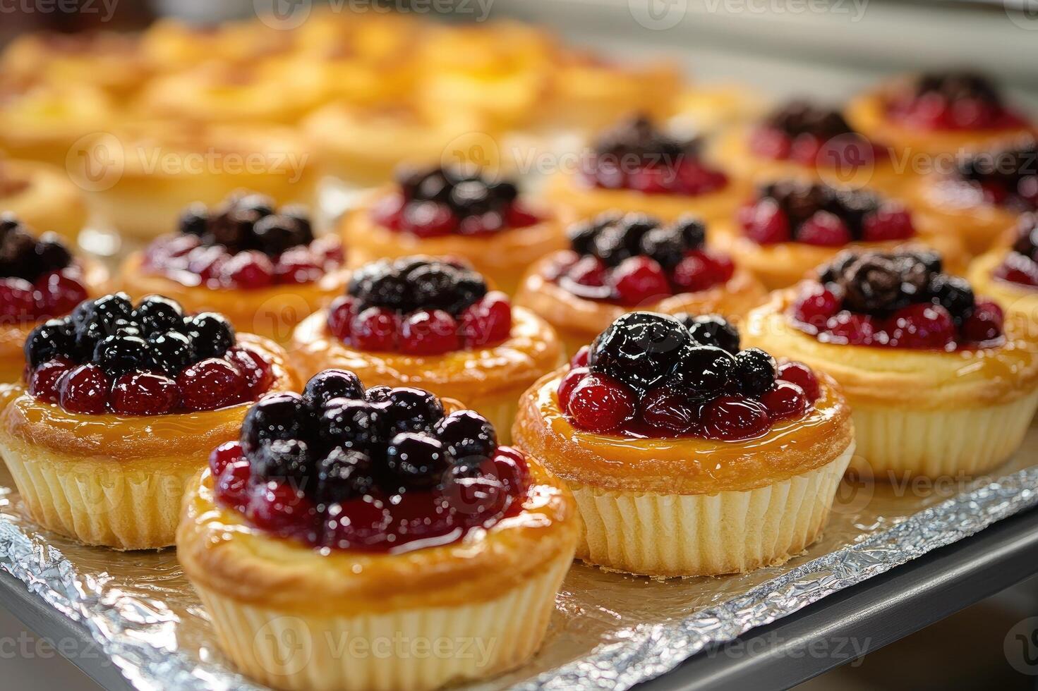 Delicious berry tarts baking in a bakery display case photo