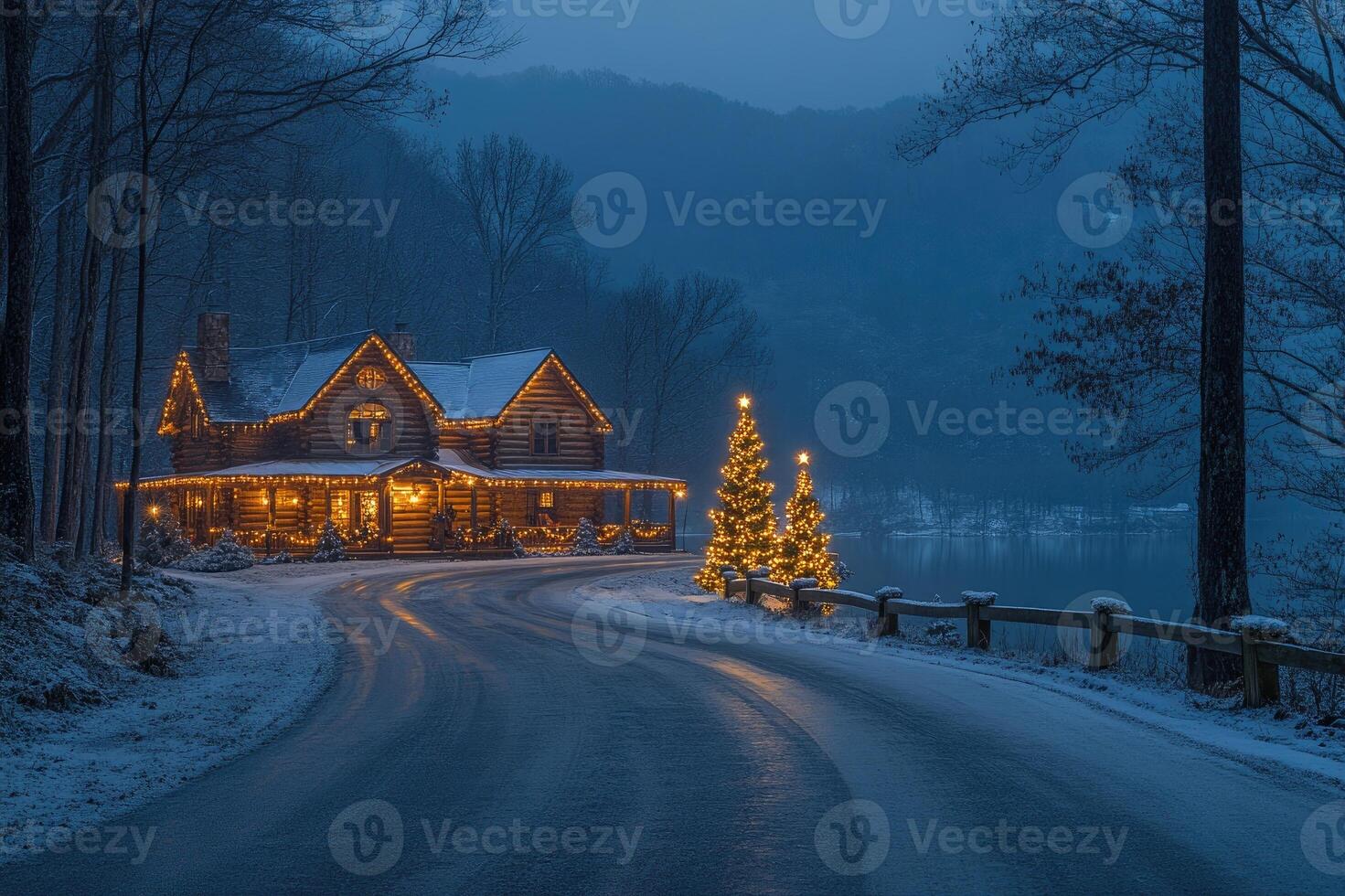 Christmas log cabin by the lake on a snowy evening with christmas lights illuminating the scene photo